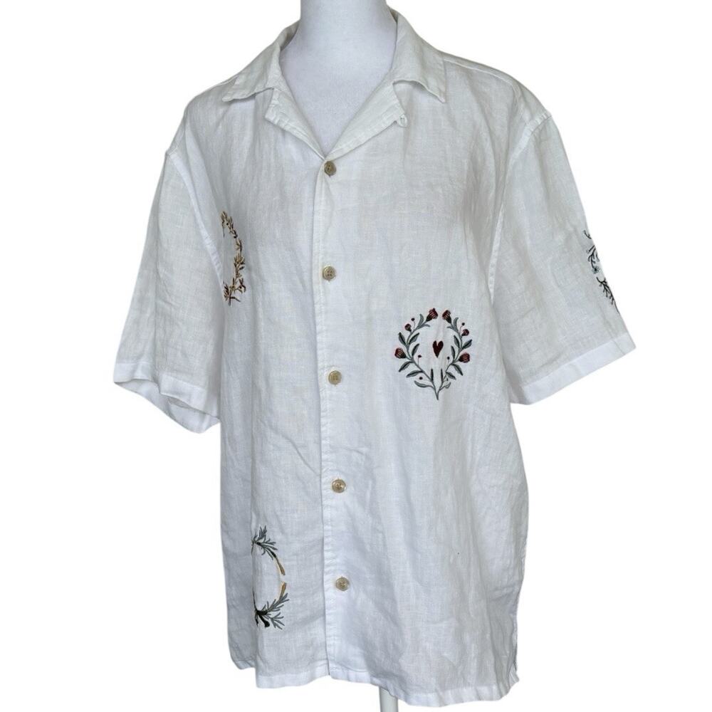 Men’s AllSaints Deck Embroidered White Linen Camp Shirt Relaxed Boxy Fit Sz S - Picture 6 of 11